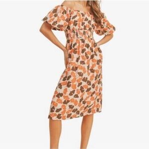 NWT PUFF SLEEVE OFF THE SHOULDER MIDI DRESS IN ORANGE BROWN‎ - Medium